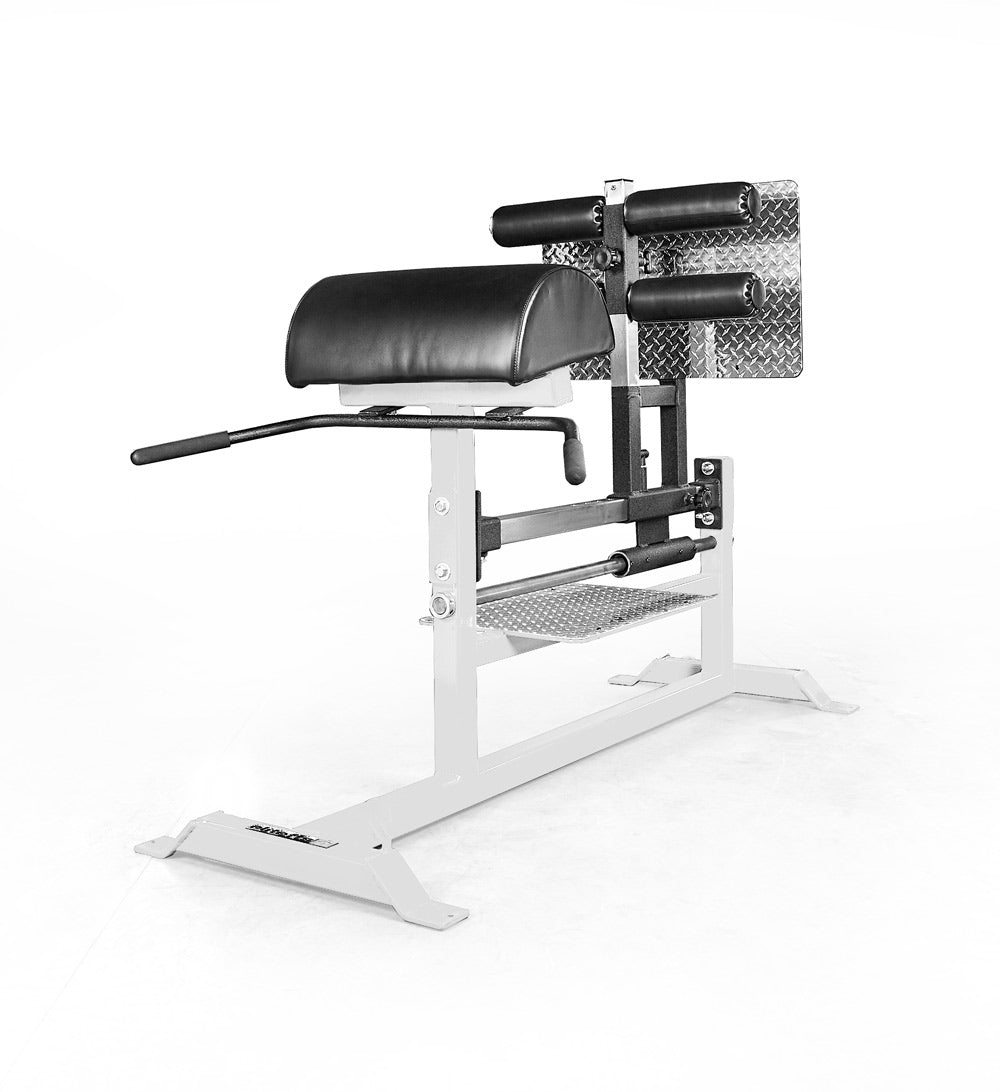 Gym machine with black padding and white frame on a white background