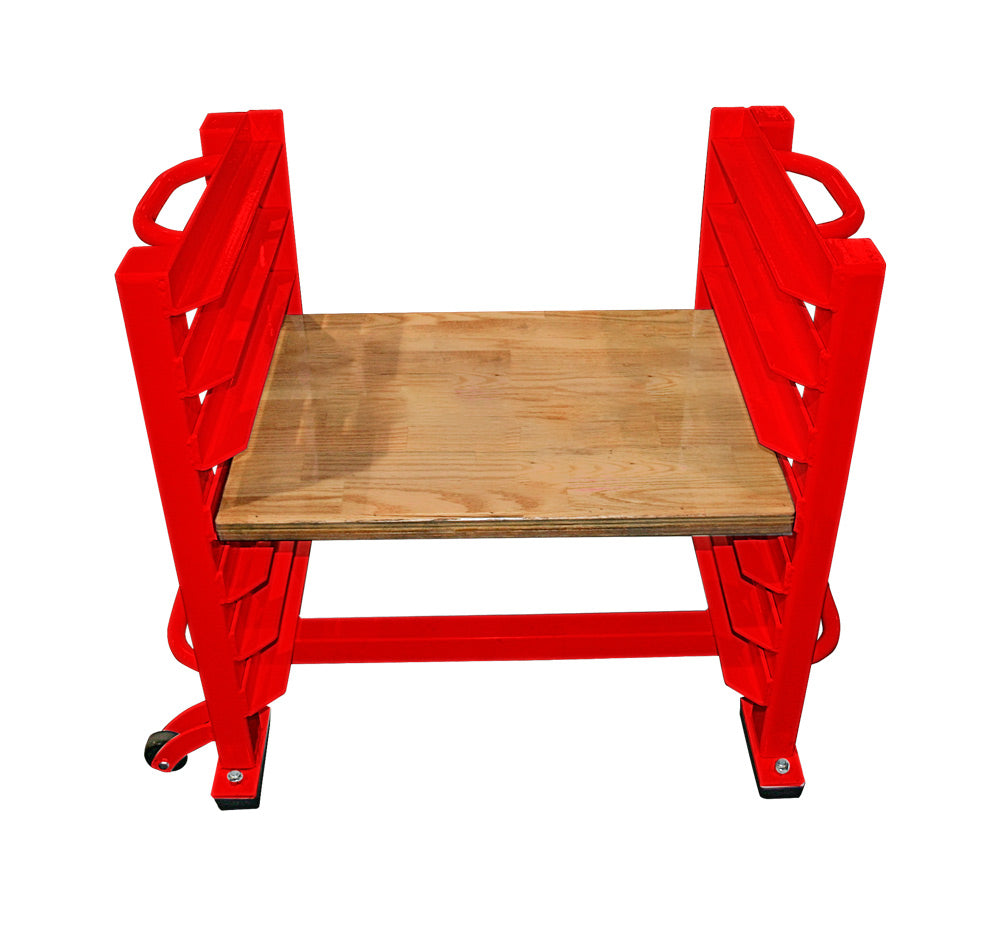 Red metal frame with a wooden platform on a white background