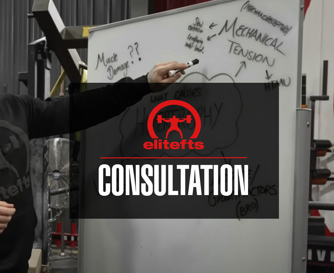 Person pointing at a whiteboard with 'elitefts' consultation logo overlay