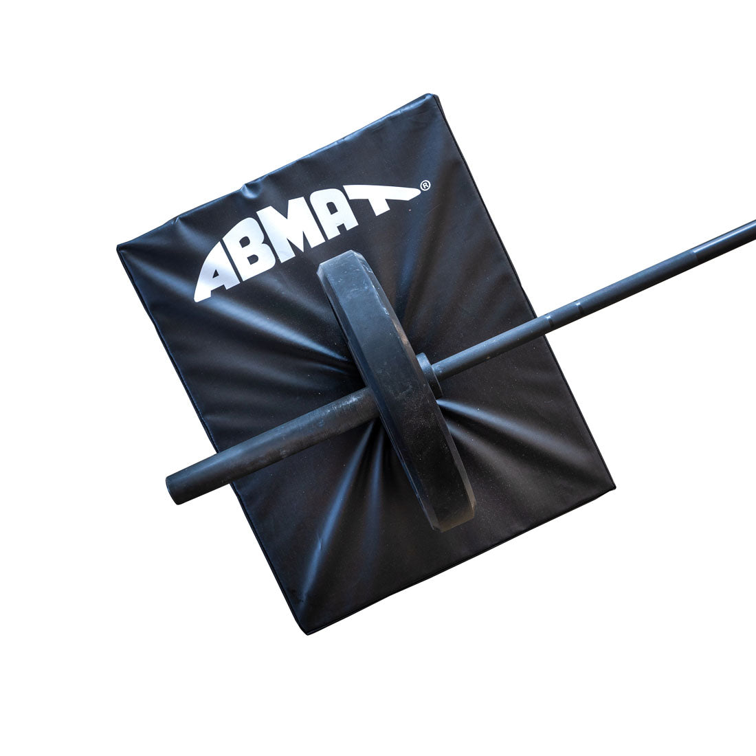 Black ABMA training mat with a barbell on a white background