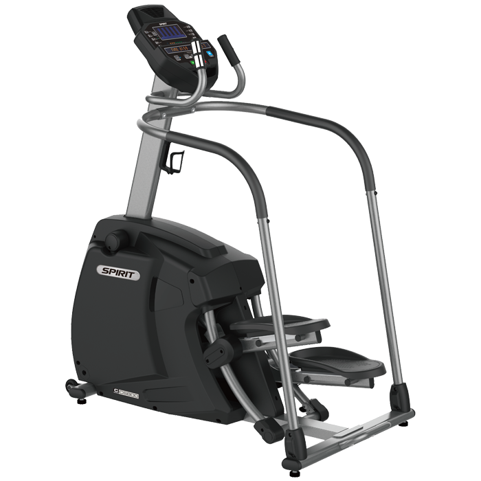 Black elliptical machine with digital display on a white background