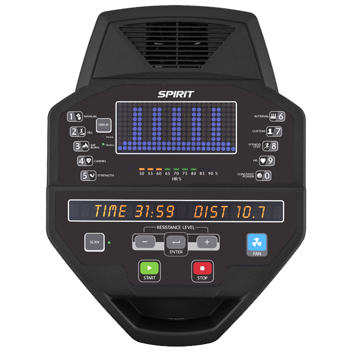 Black exercise bike console with digital display and control buttons on a white background