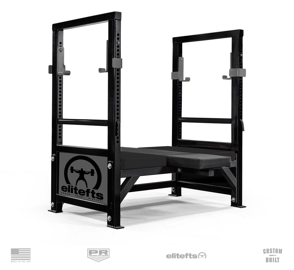 Black power rack with 'elitefts' branding on a white background