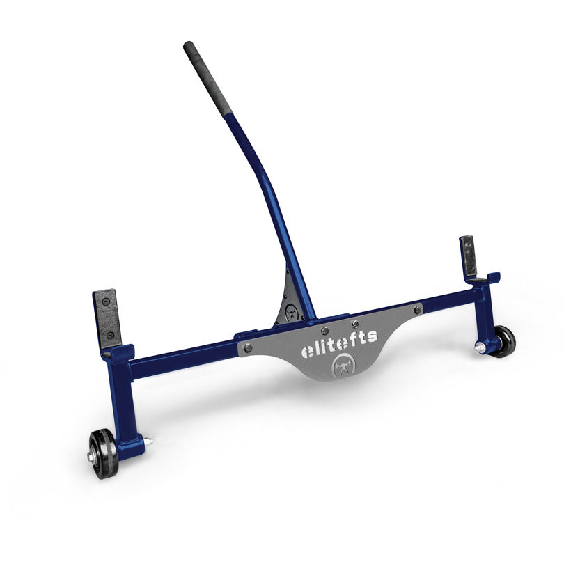 Blue and silver bike stand with 'elitefts' branding on a white background