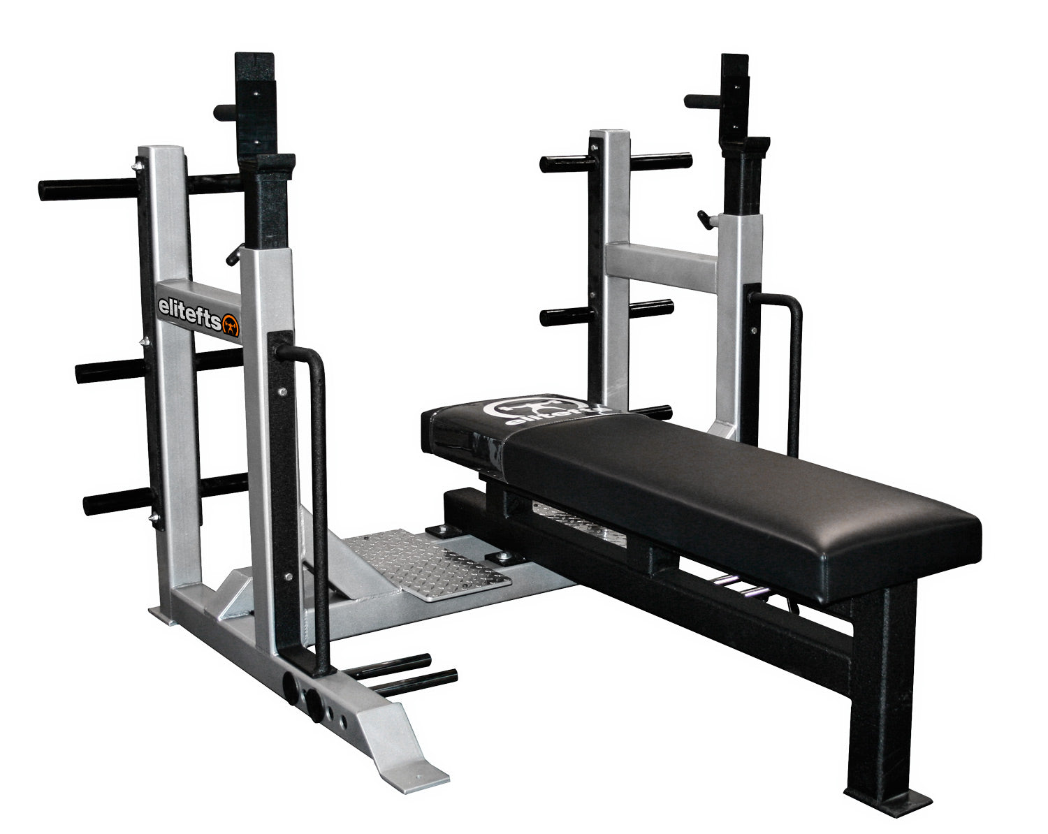 Fitness equipment with a bench and squat rack on a white background