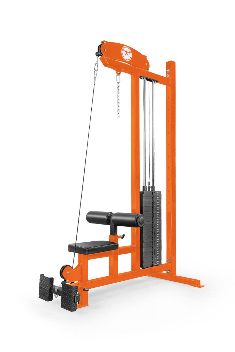 Orange gym machine with black components on a white background