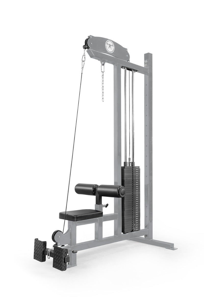 Gym machine with pulleys and weights on a white background