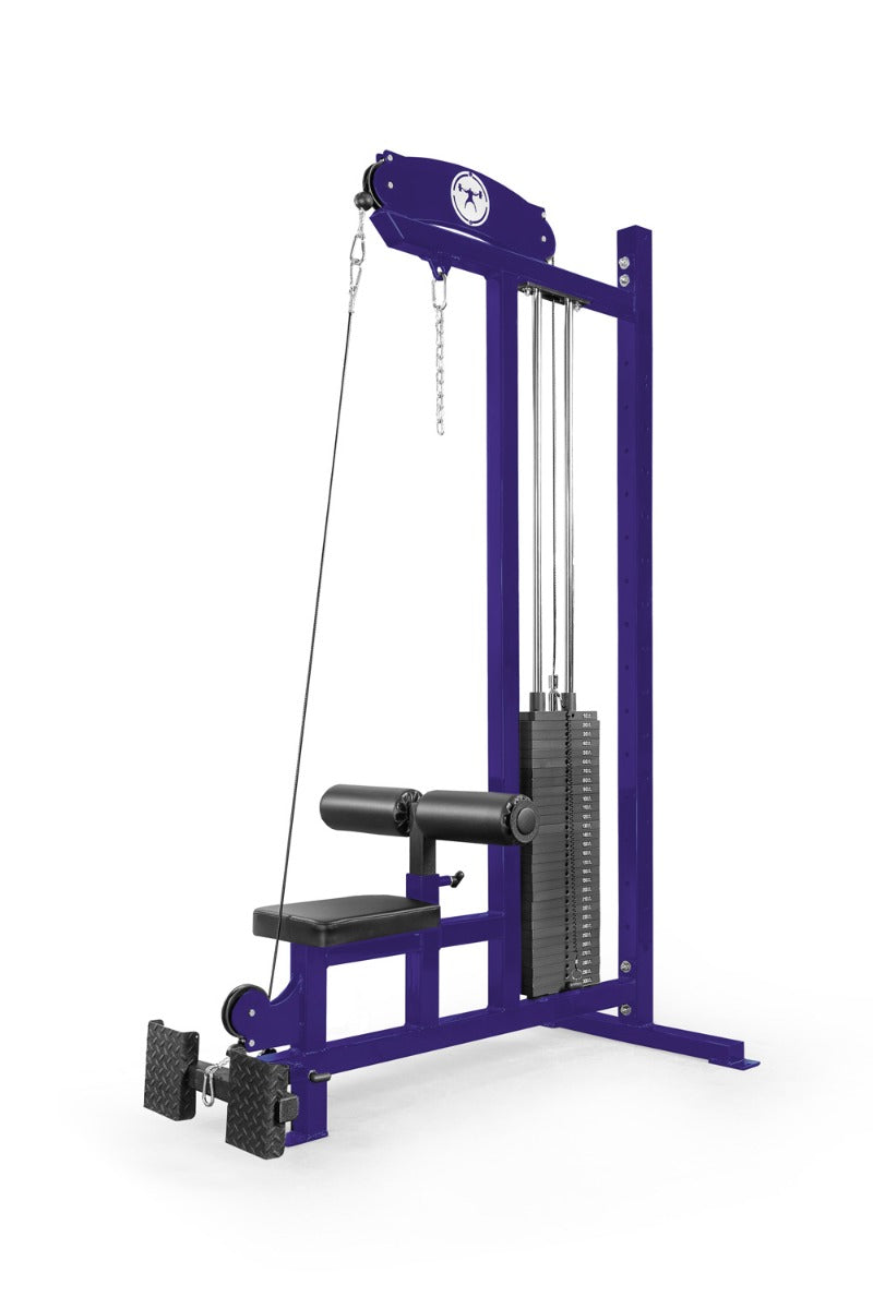Purple cable machine gym equipment on a white background