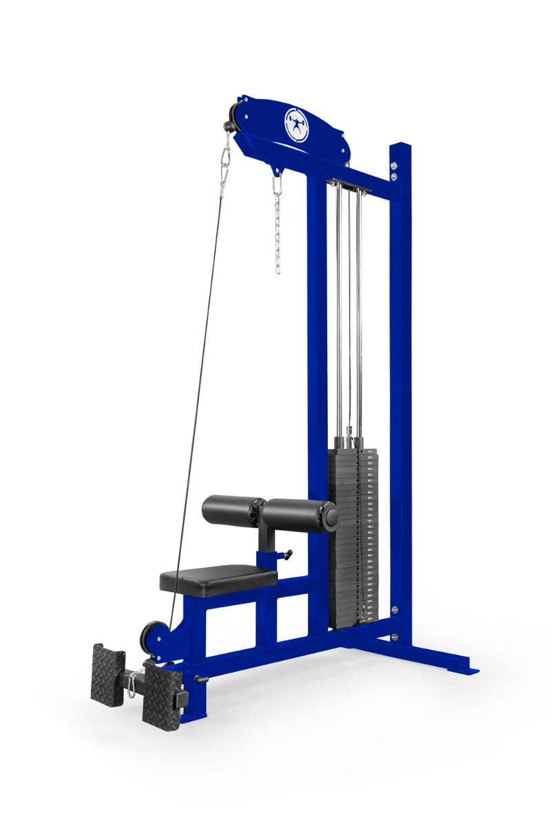 Blue cable machine gym equipment on a white background