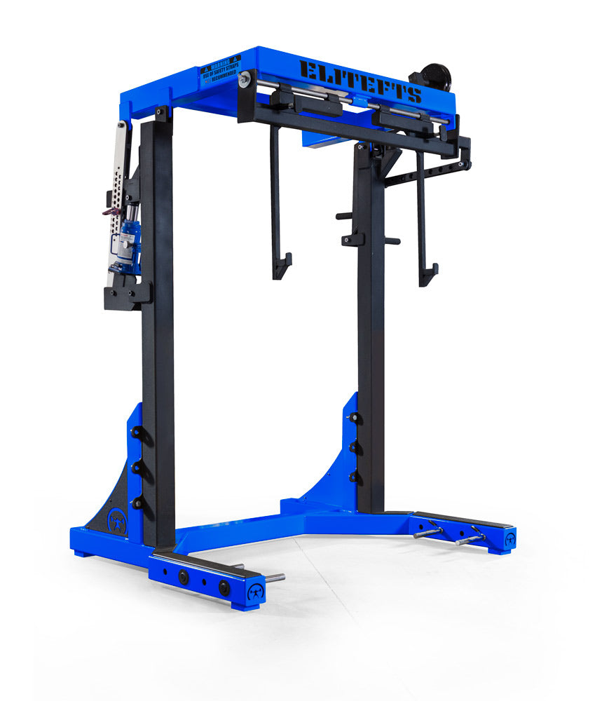 Blue and black weightlifting frame on a white background