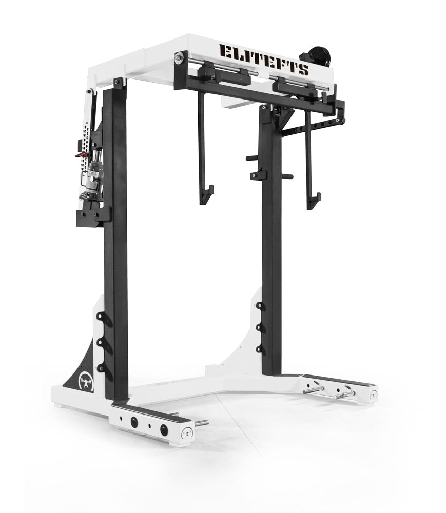 Black and white weightlifting power rack with 'Elitefts' branding on a white background