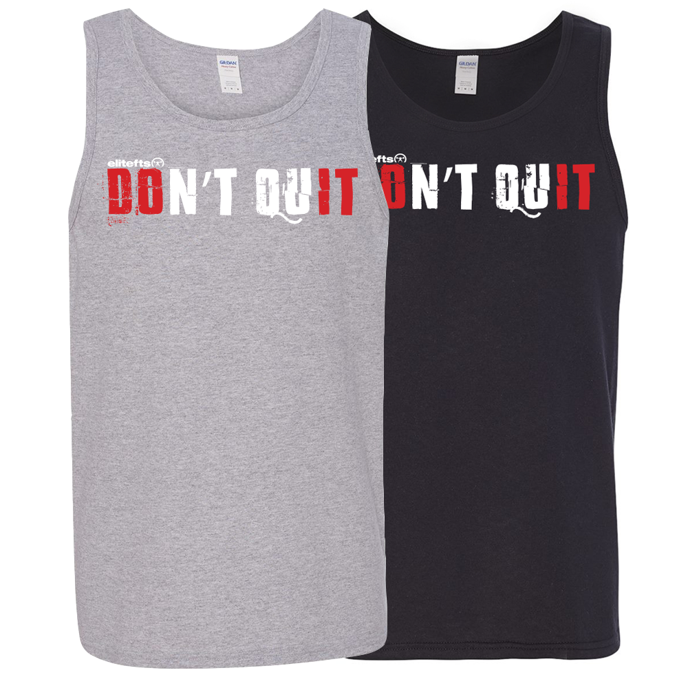 two tank tops, one gray and one black, with the "Don't Quit" decal on the chest