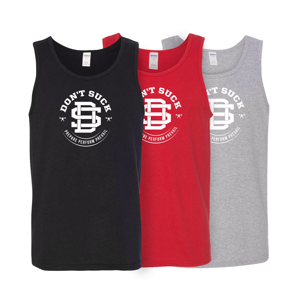 photograph of tank tops with the Don't Suck decal on the chest; one black, one red, and one gray
