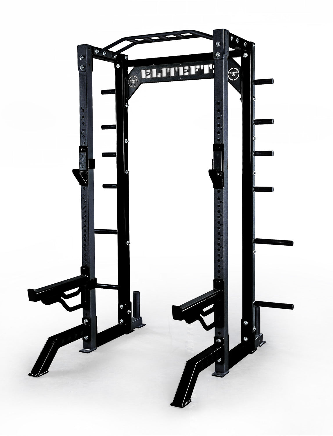 Black power rack with 'EliteFT' branding on a white background