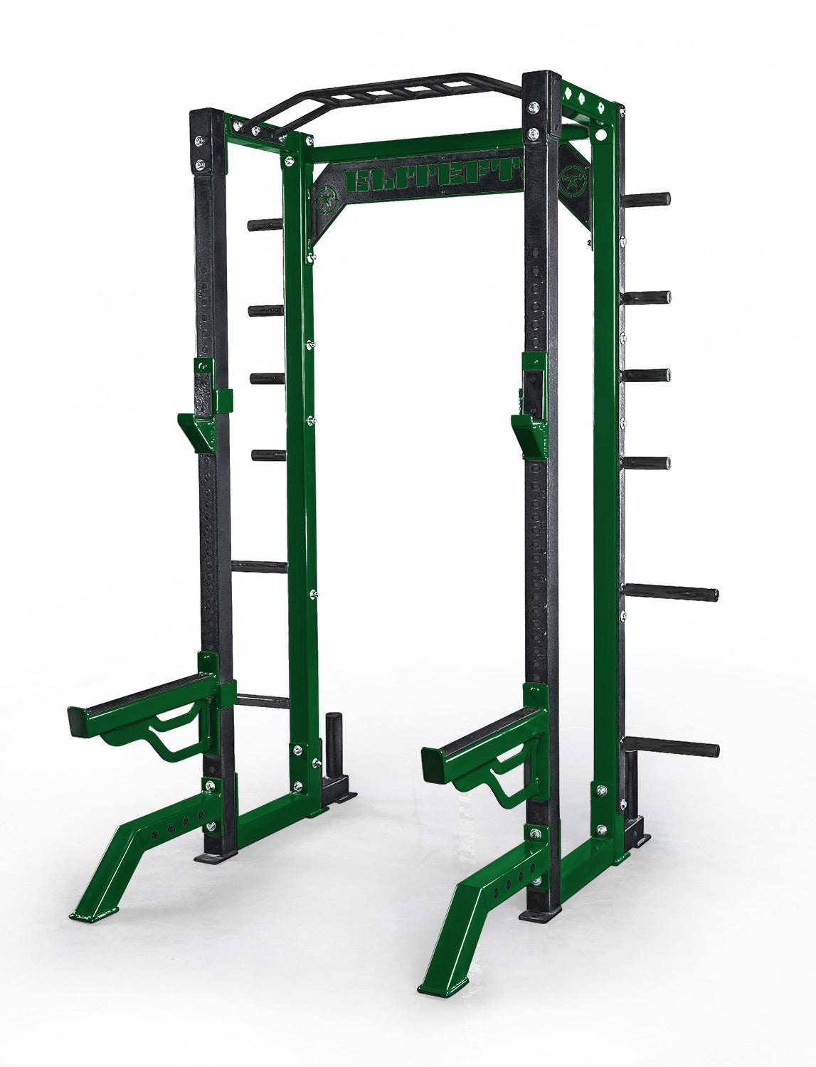 Green and black power rack on a white background