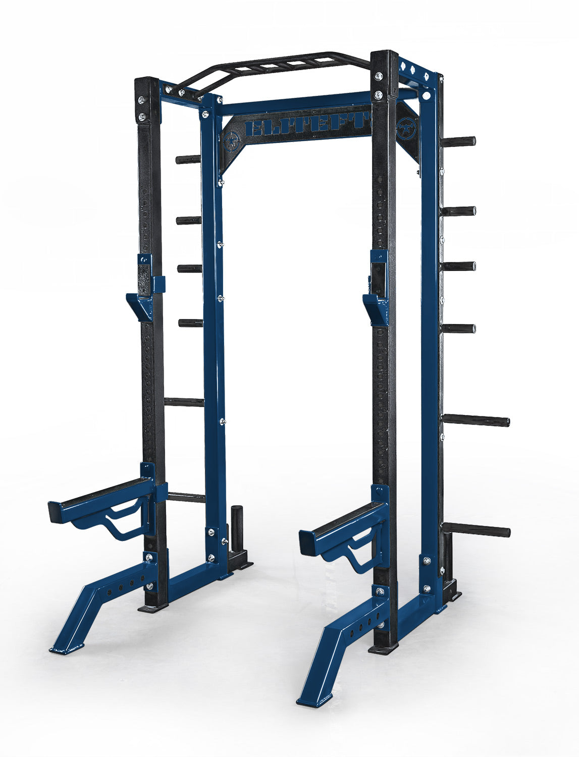 Blue and black power rack on a white background
