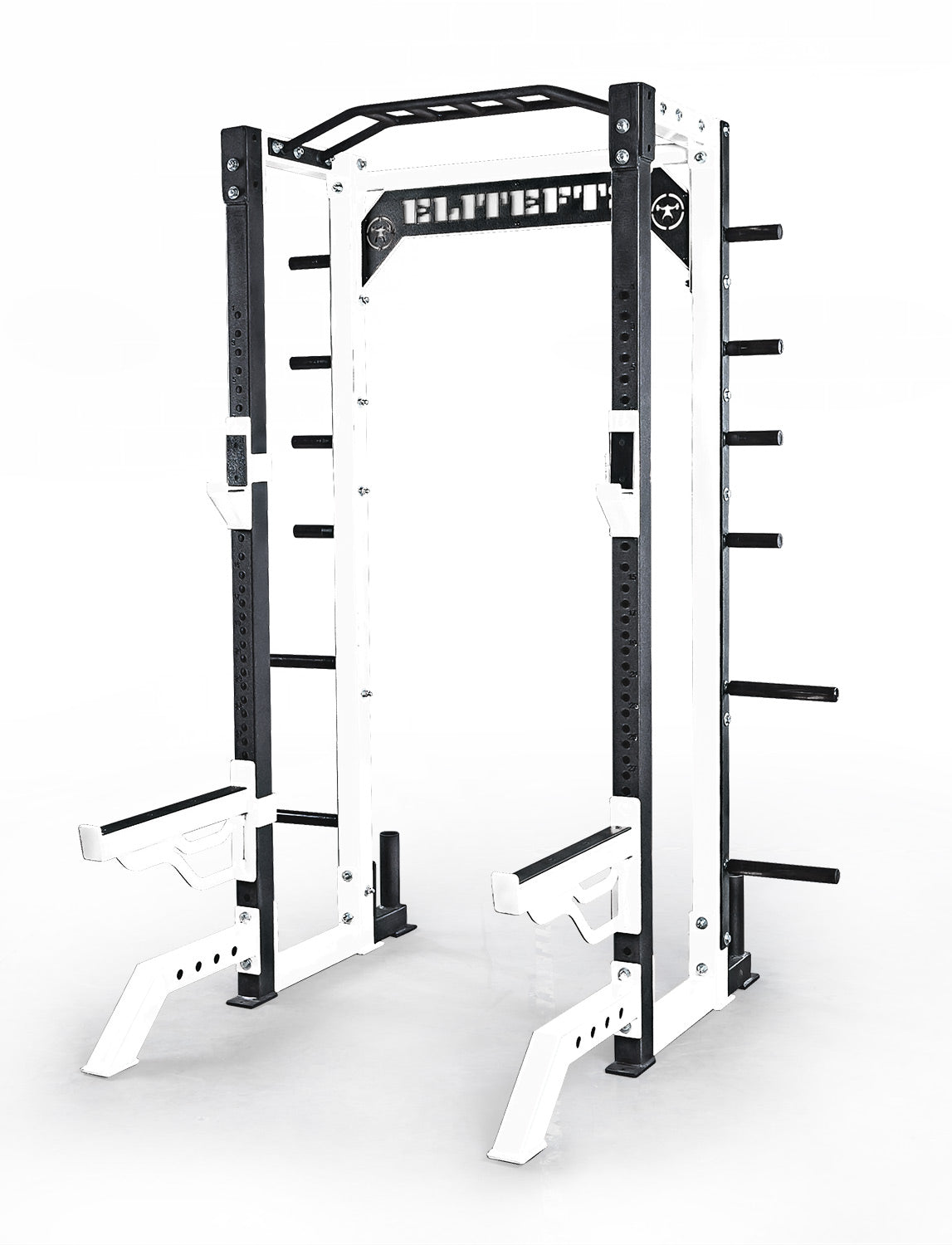 Black and white power rack with 'EliteFT' branding on a white background