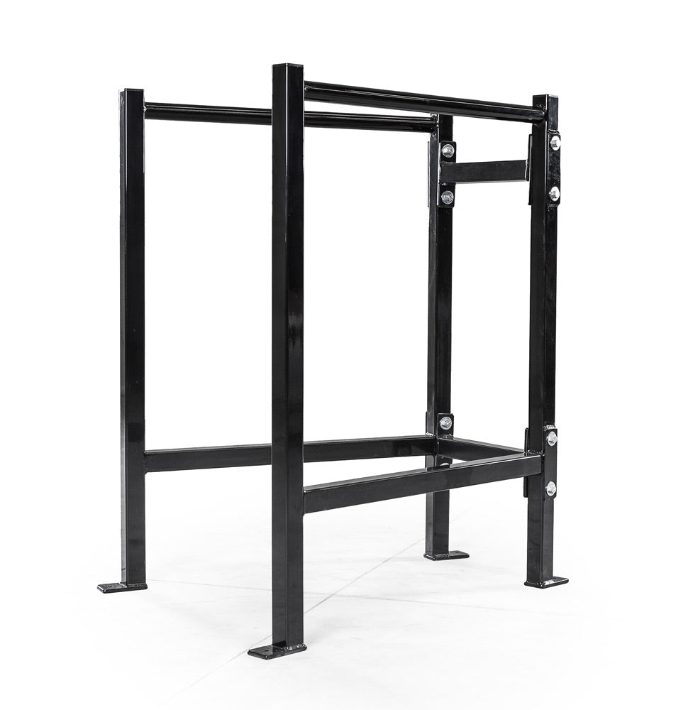 Black metal pull-up bar frame on a white background
