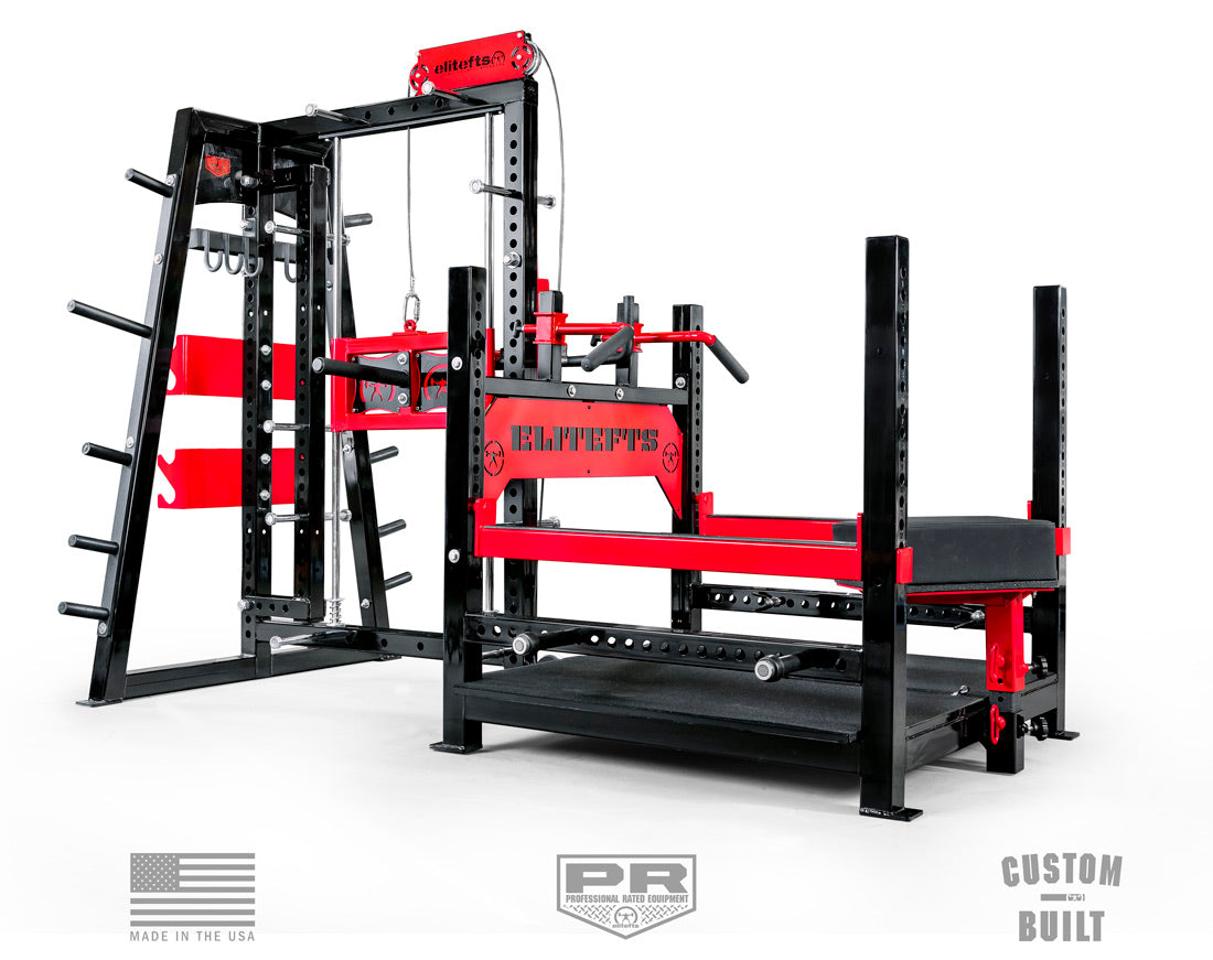 Red and black weightlifting rack with 'Power Racks' branding on a white background