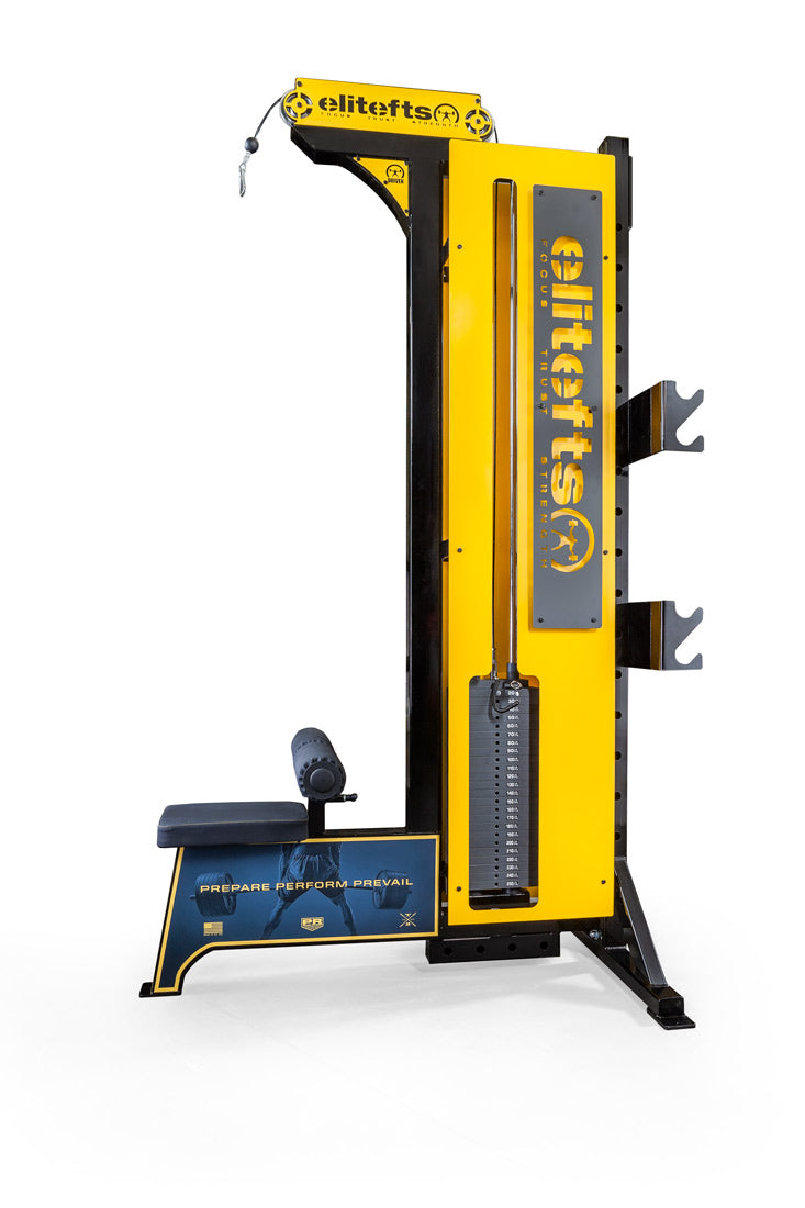 Yellow and black weightlifting machine with 'elitefts' branding on a white background