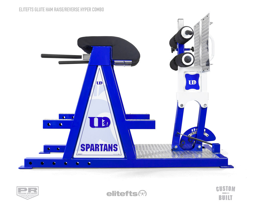 Blue and white gym machine with 'Spartans' branding on a white background
