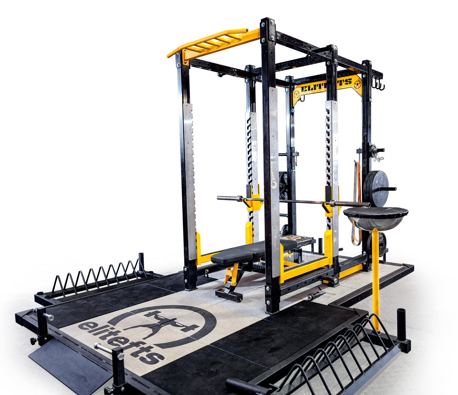 Gym power rack with various attachments on a white background