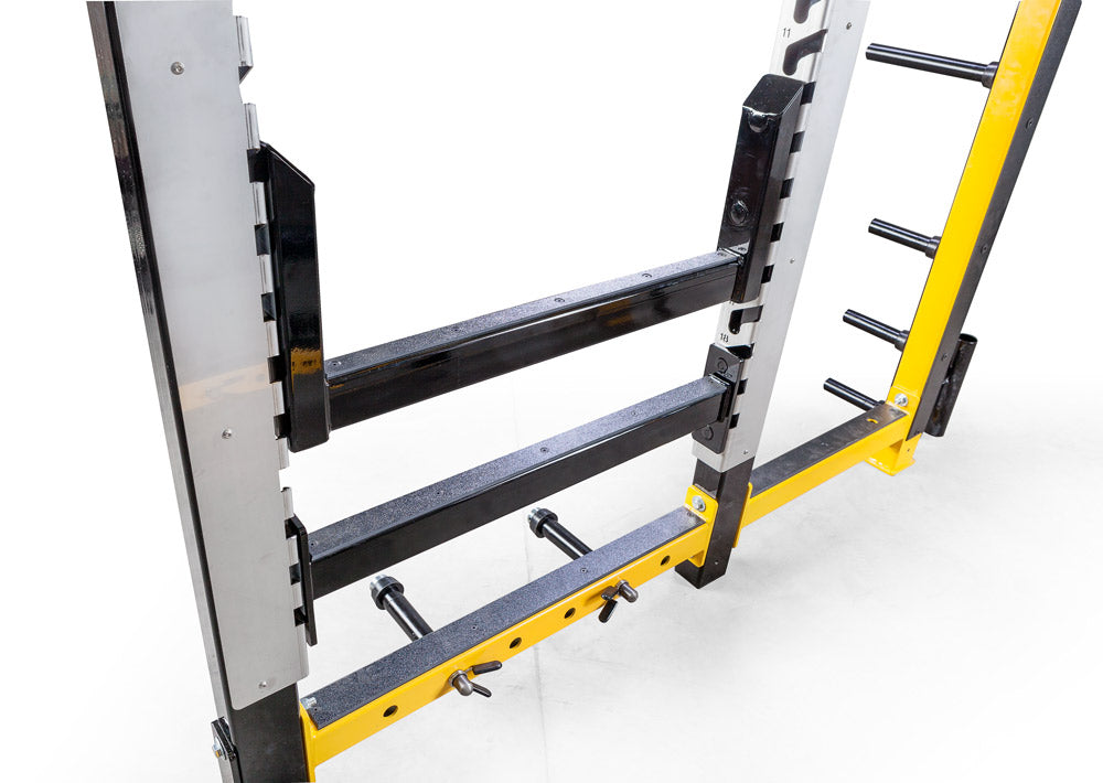 Squat rack with yellow and black design on a white background