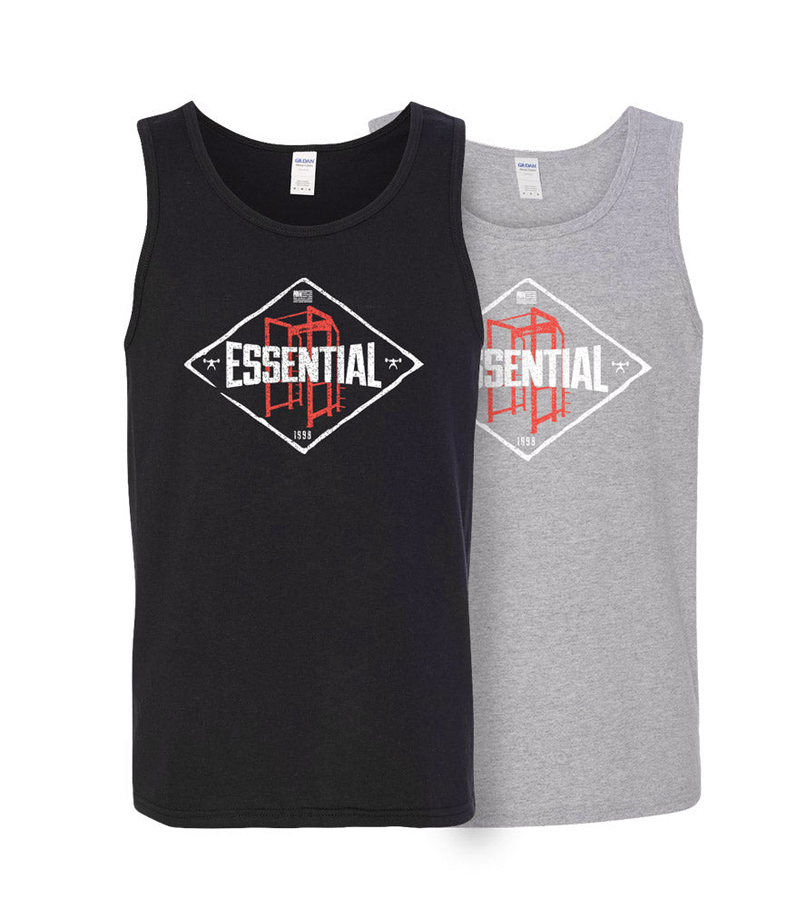 image presenting two tank tops with the Essential Decal, specifically one black and one gray