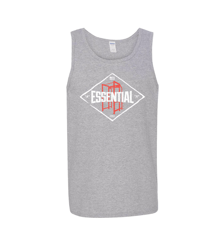 image presenting a grey tank top with the Essential Decal