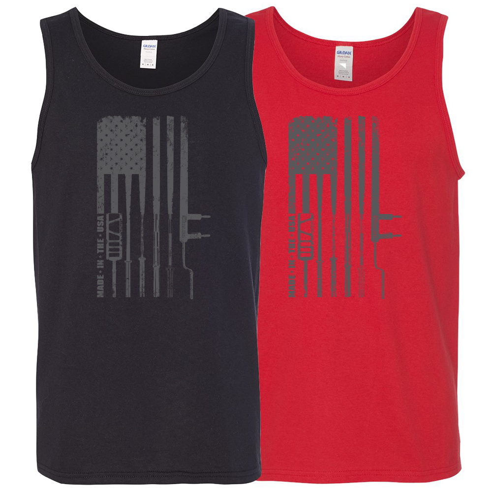 two tank tops, one red and one black, with a flag barbell decal, a US flag with various barbells replacing the flag's stripes