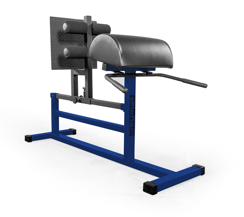 Gym machine with blue base and black padding on a white background