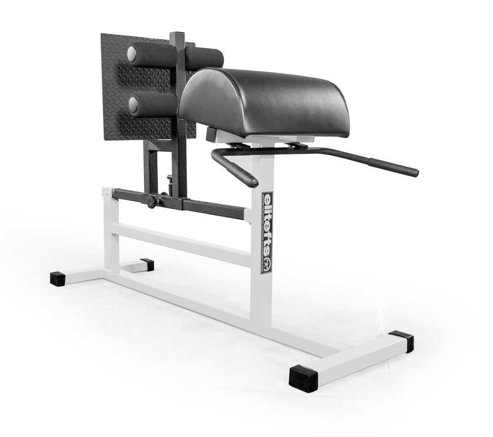 Gym machine with white base and black seat on a white background