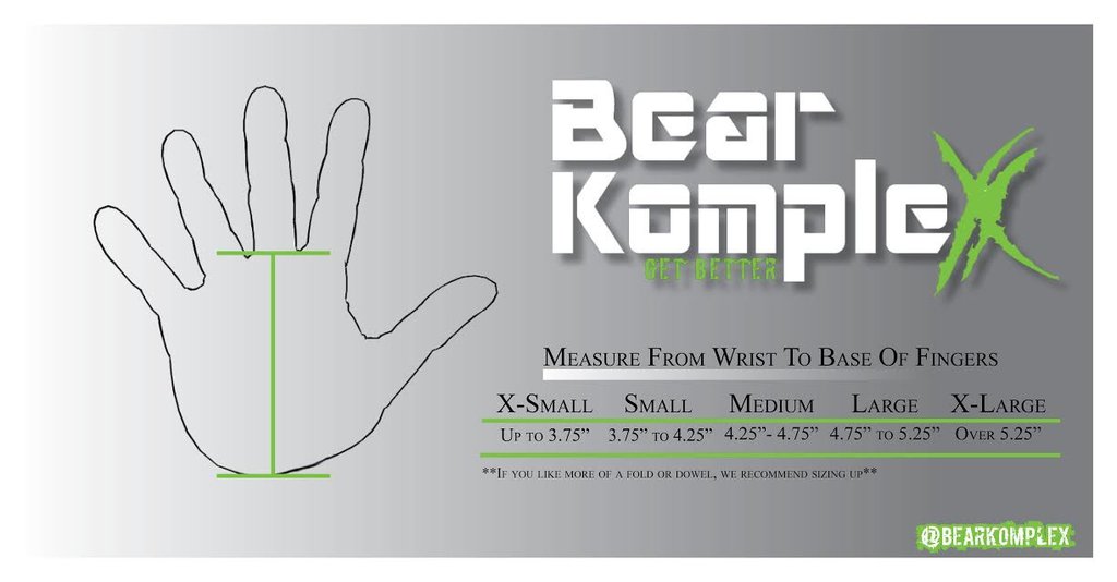 Hand measurement chart for Bear KompleX with hand outline and size guide.