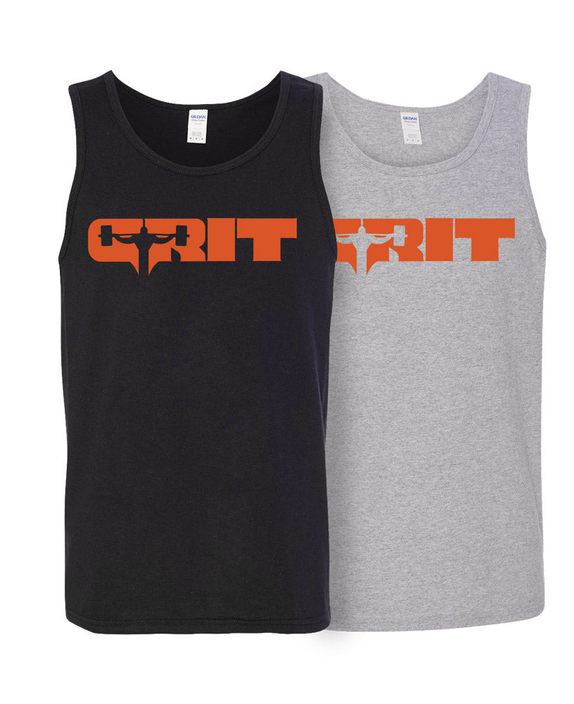 image showing black tank tops with an orange Grit decal on the chest, one black and one gray