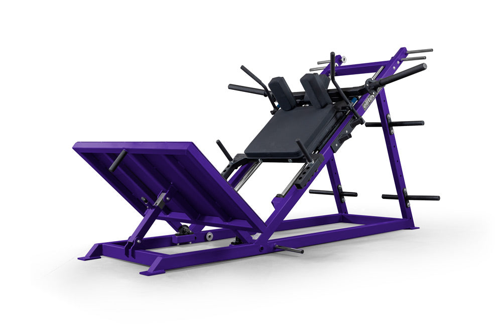 Purple leg press machine on a white background