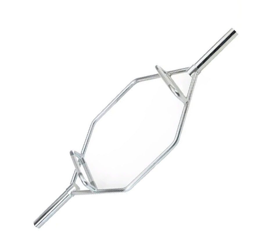 A silver steel hex barbell grip with straight ends, shown on a plain white background.