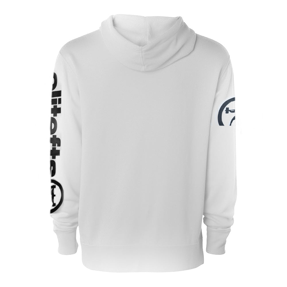 the back of the white sweat shirt with the brand decals