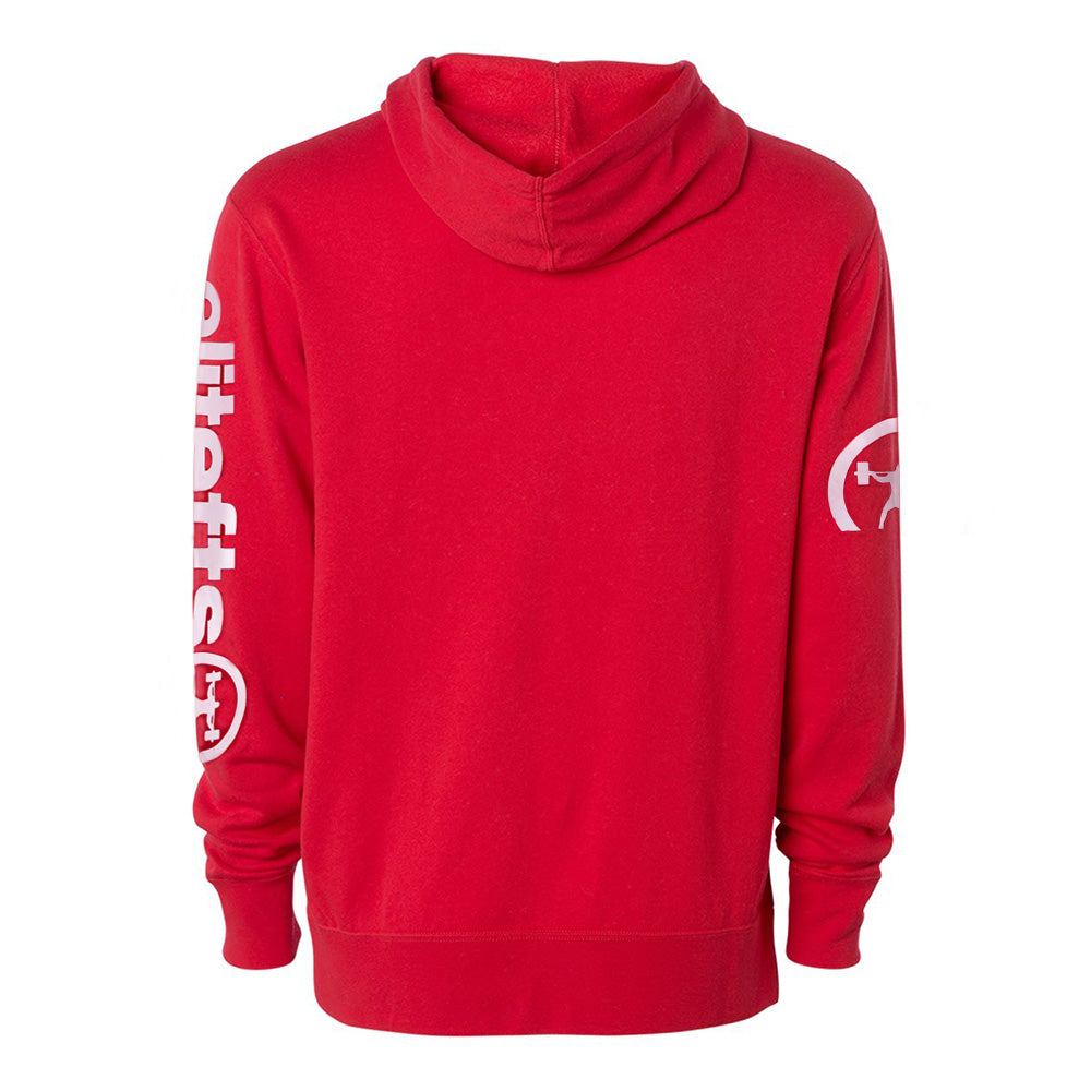 the back of the red sweat shirt with the brand decals