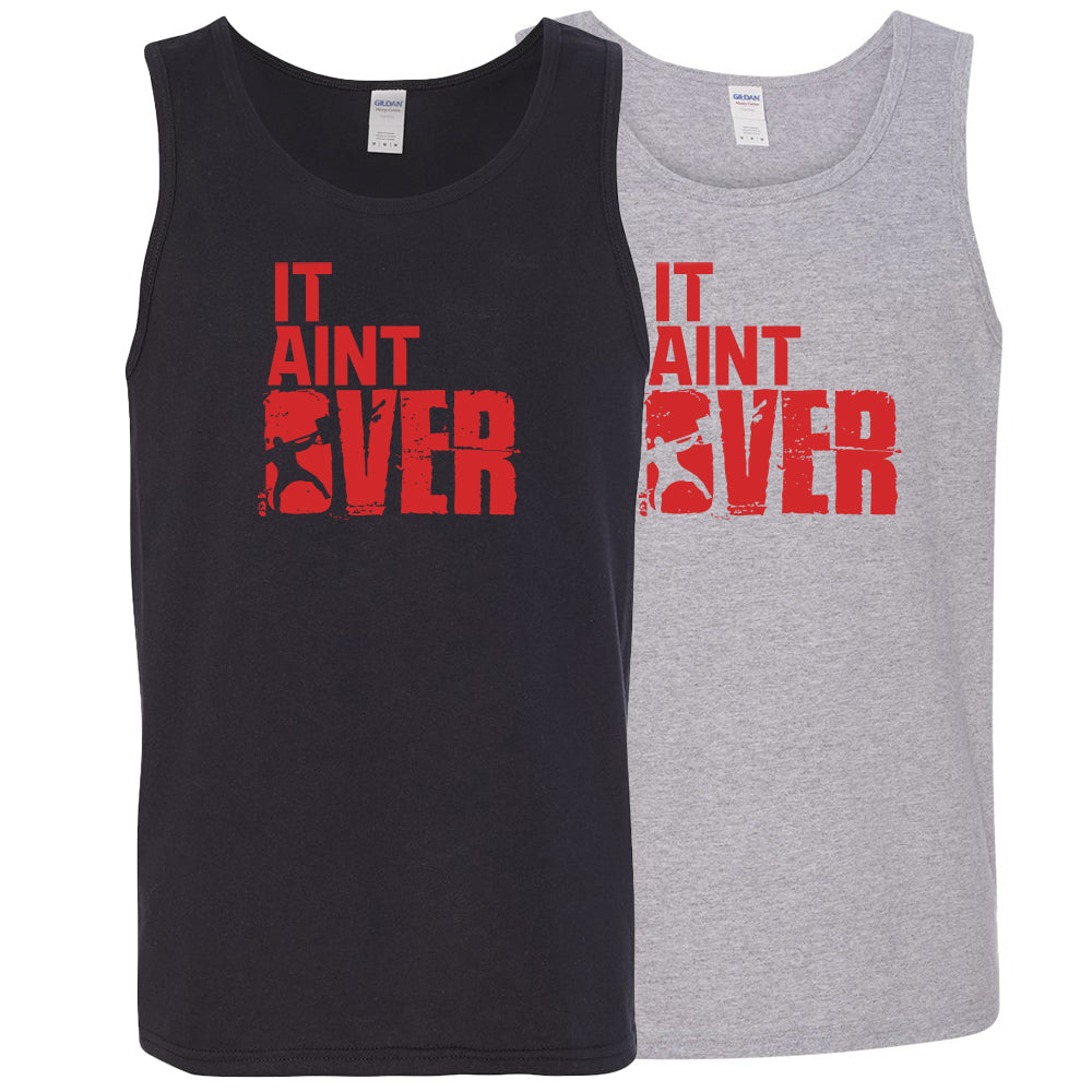 two tank tops, one gray and one black, with the "It Ain't Over" decal on the chest