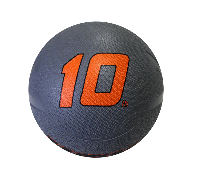 Black medicine ball with orange number '10' on a white background