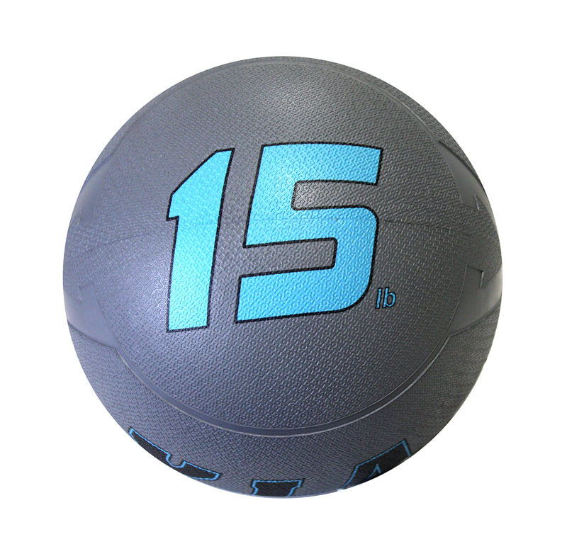 Gray exercise ball with blue number '15' on a white background