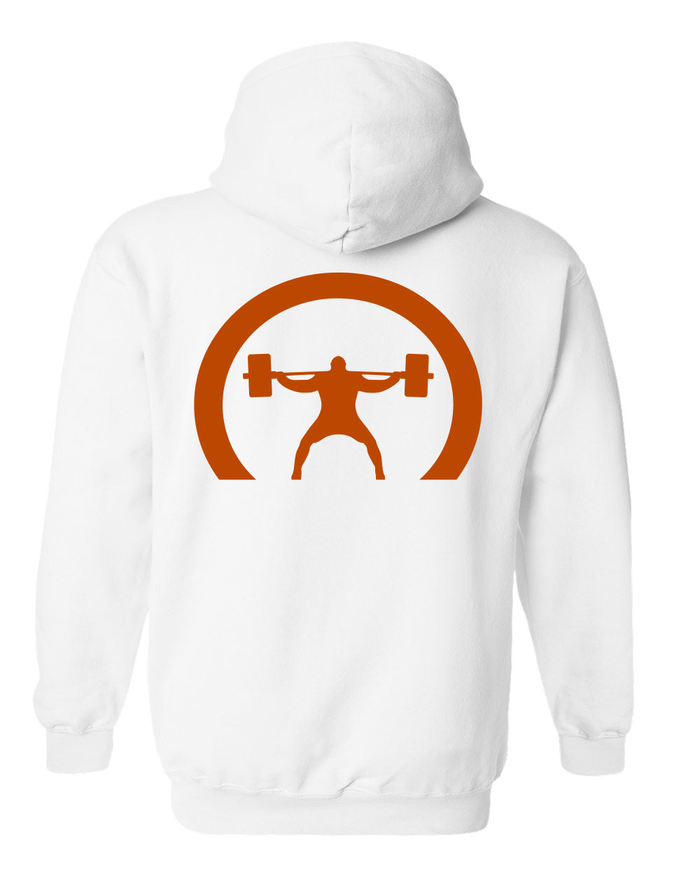 picture of the back of elitefts Limited Edition Tagline Crescent Brunt Orange White Hoodie