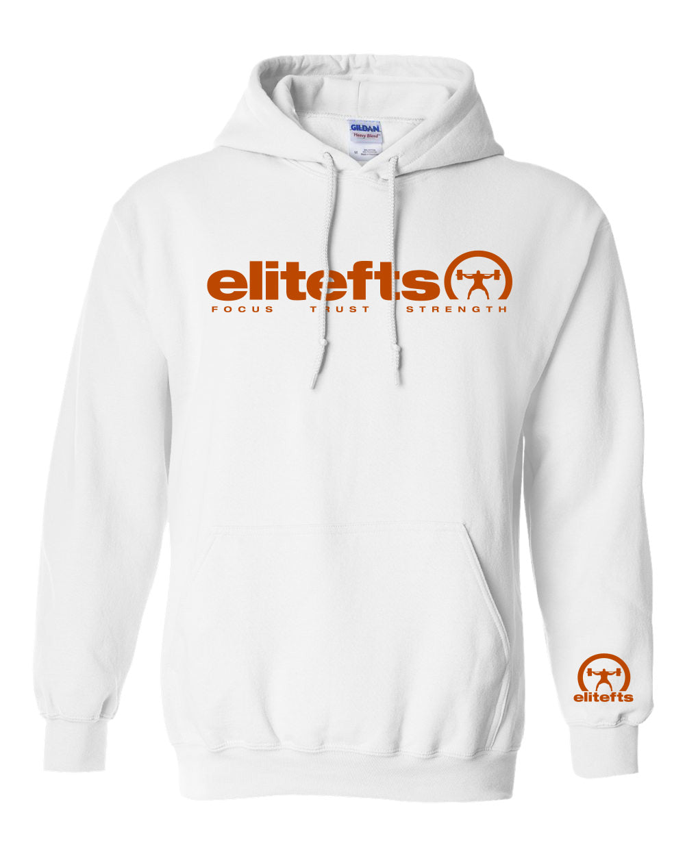 picture of the front of elitefts Limited Edition Tagline Crescent Brunt Orange White Hoodie