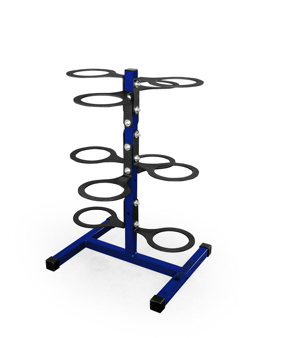 Blue metal ring stand with multiple circular rings on a white background