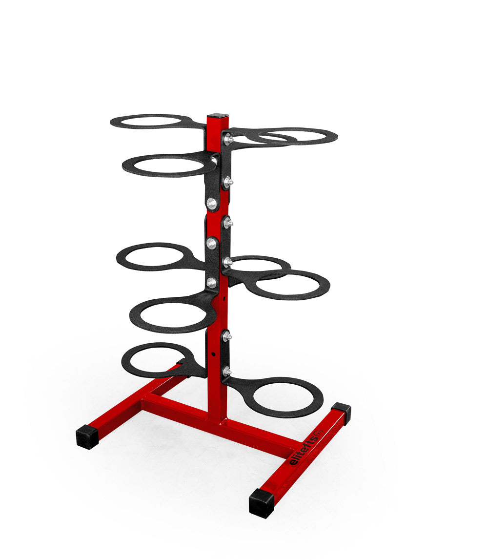 Red and black weightlifting plate rack on a white background