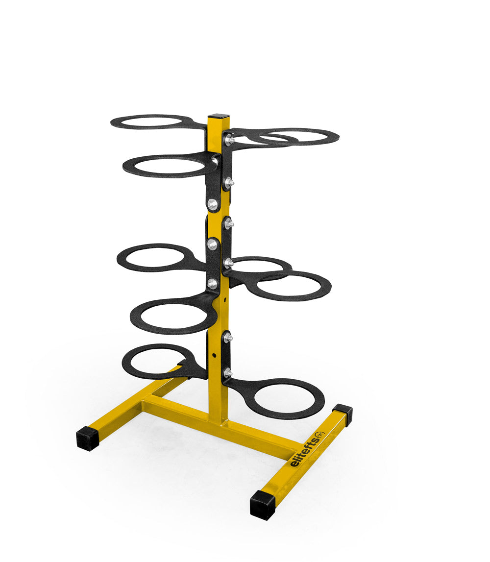 Yellow archery ring stand with multiple circular rings on a white background