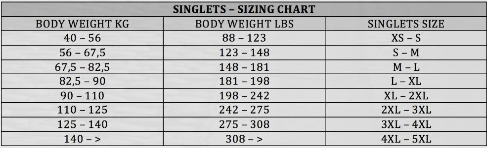 picture Metal 2 Color Slim Fit Singlet Size chart
