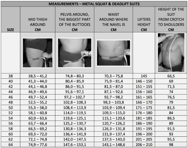 picture of the metal squat suit size chart