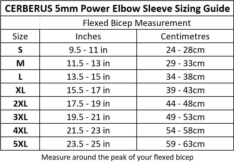 picture of CERBERUS 5MM POWER ELBOW SLEEVE sizing chart
