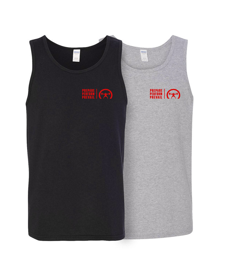 two tank top with a "Prepare, Perform, Prevail" logo on the left side of the chest area
